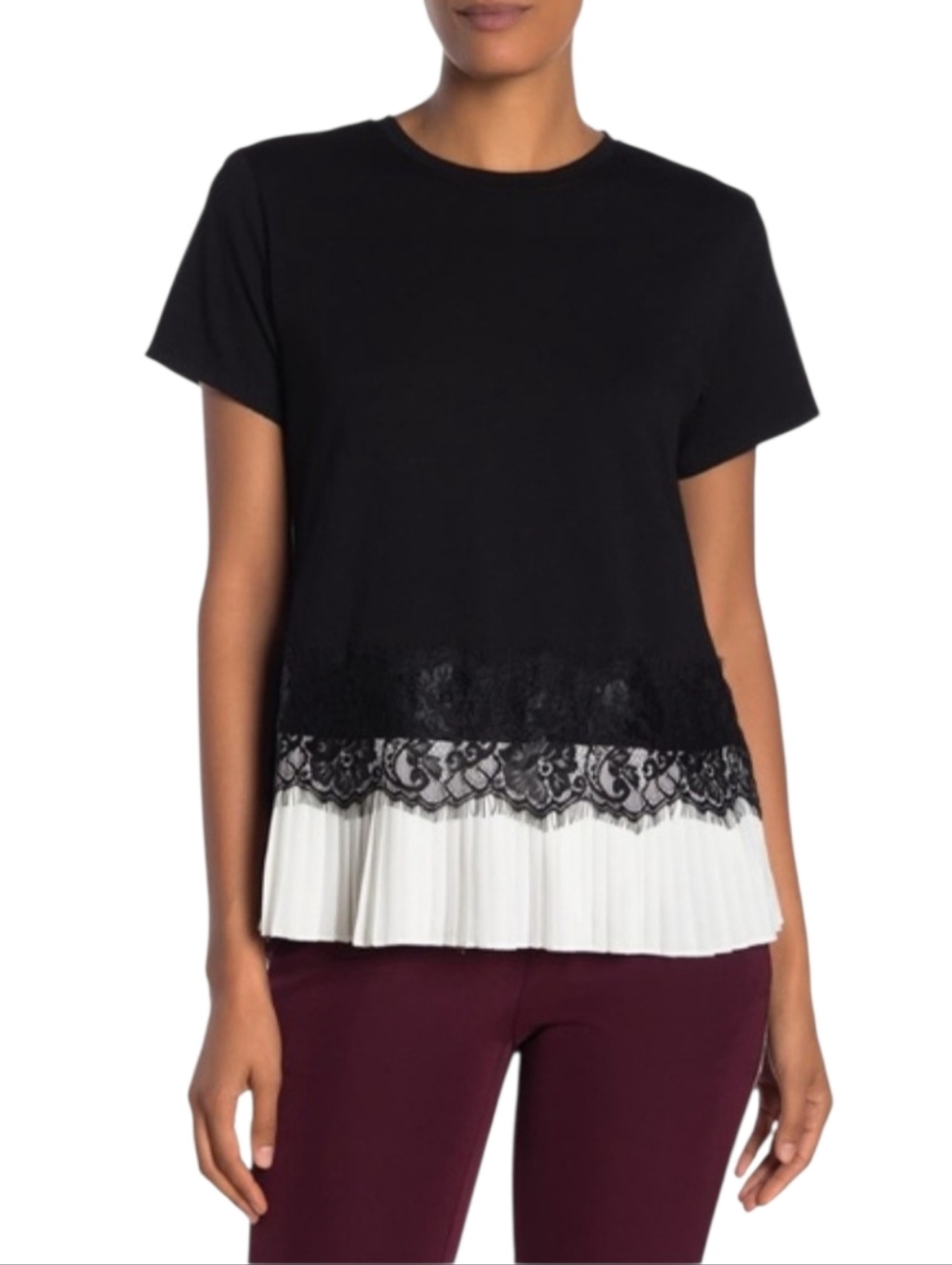 Laundry By Shelli Sefal  Black Lace-Trim Pleated Hem Short Sleeve Top Size M